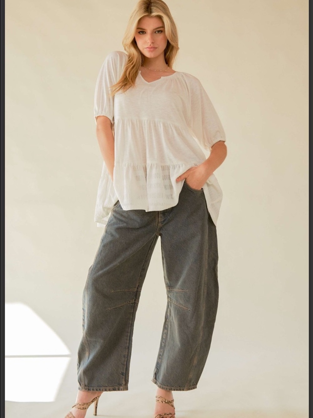 182 DAVI & DANI SOLID RUFFLED FLARED
SHORT SLEEVE V NECK - Picture 3 of 4